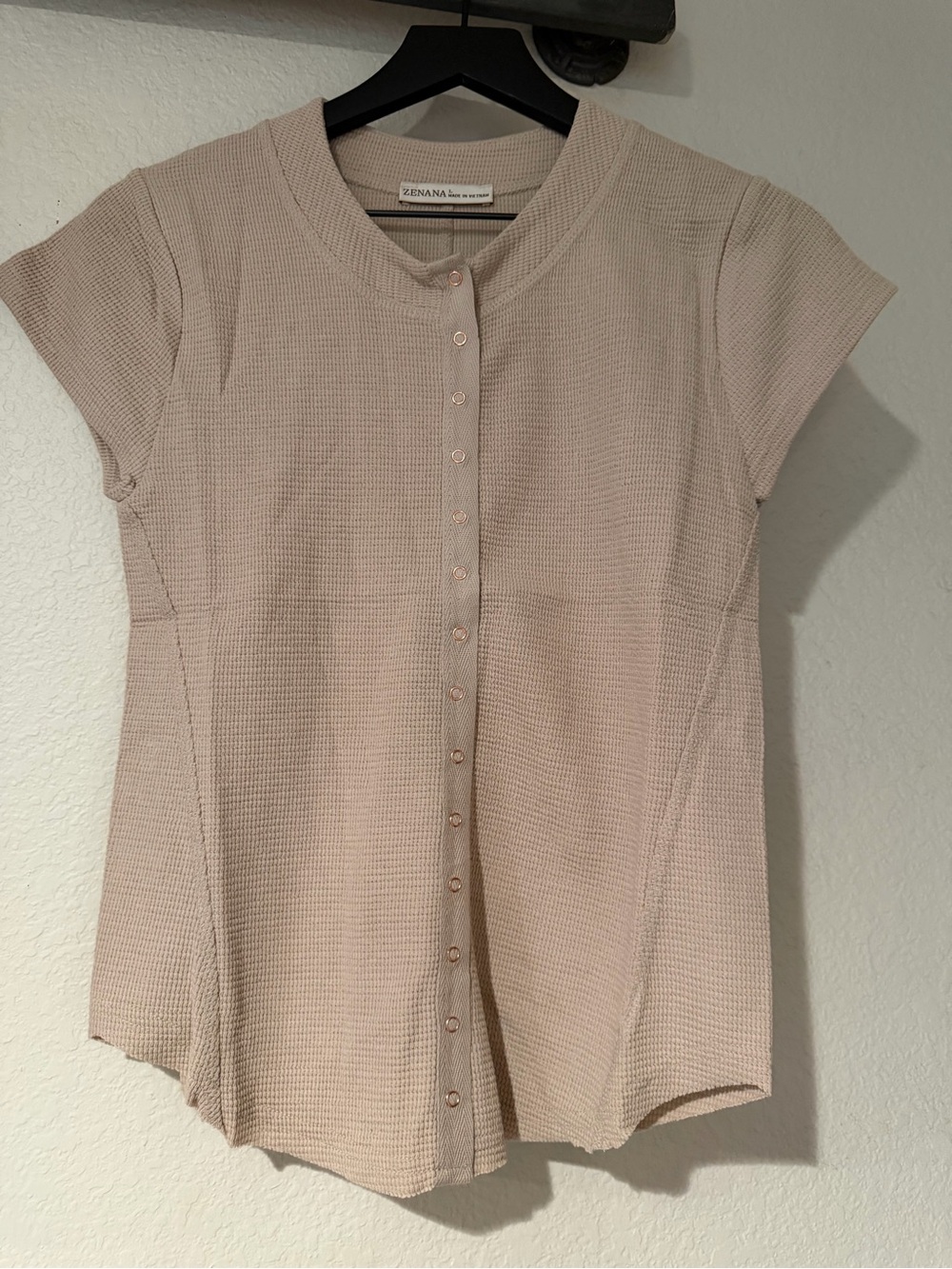 Zenana Outfitters Beige Short Sleeve Button-Up Textured Top